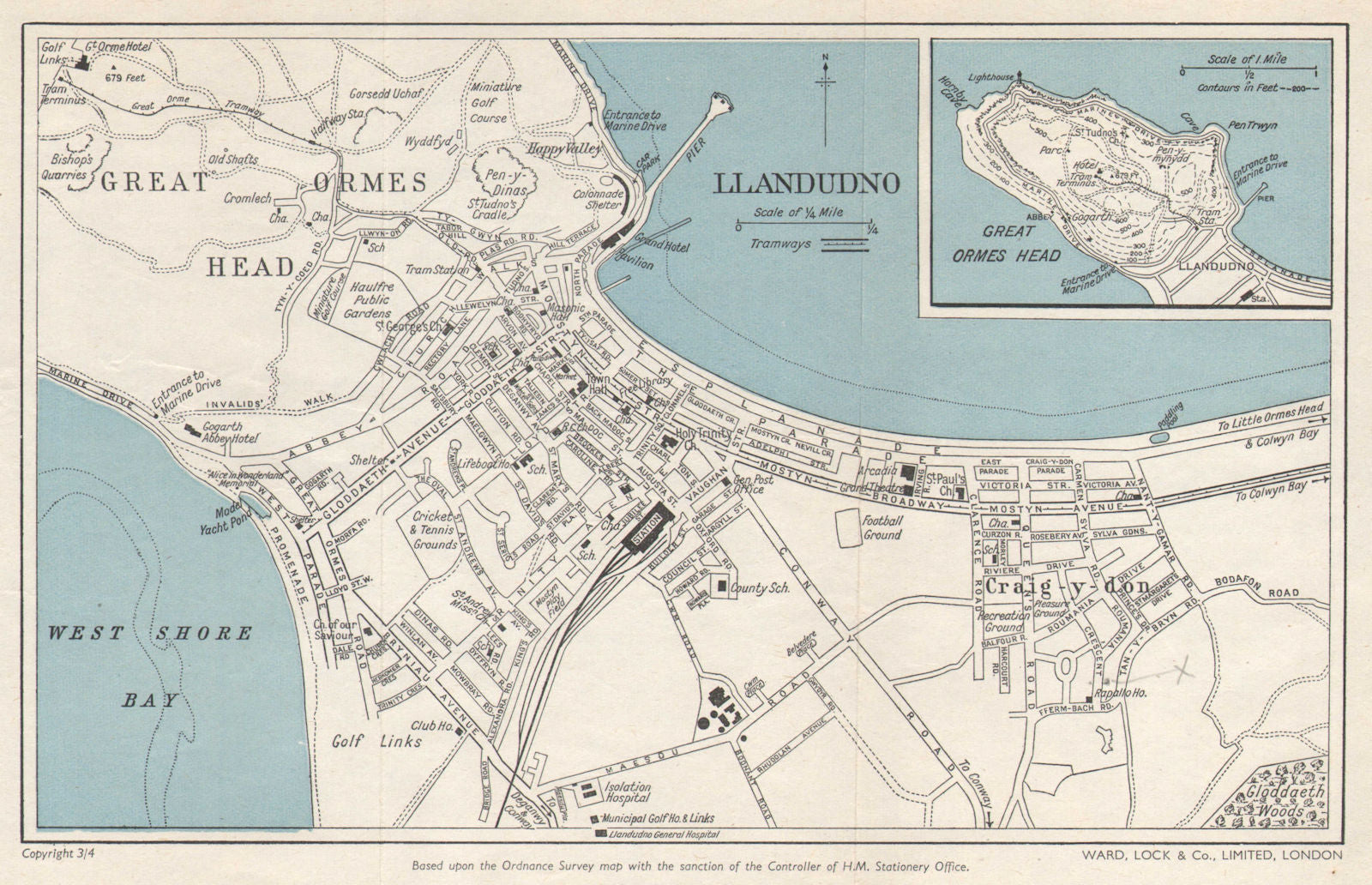LLANDUDNO vintage town city plan. Great Orme's Head. Wales. WARD LOCK 1961 map